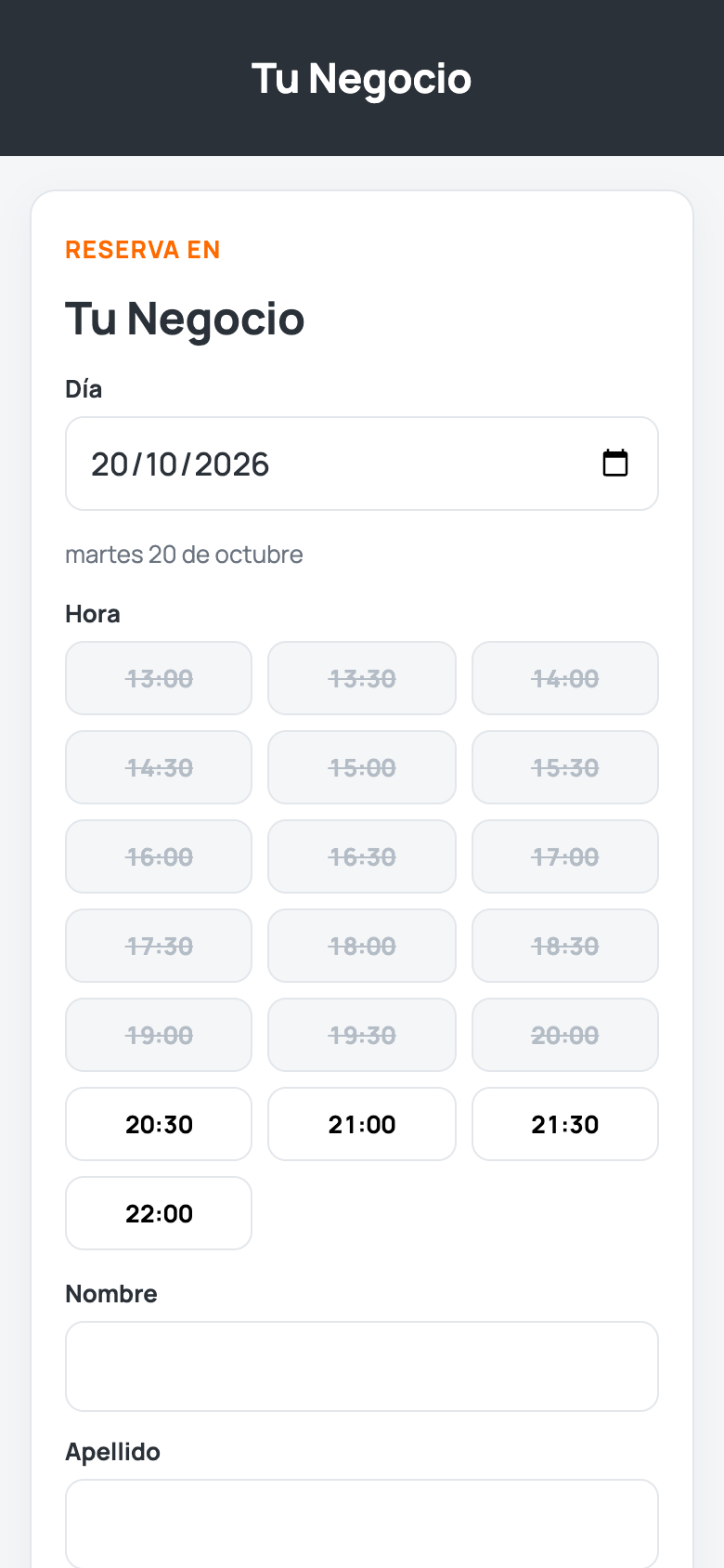 Página de reservaciones en el celular